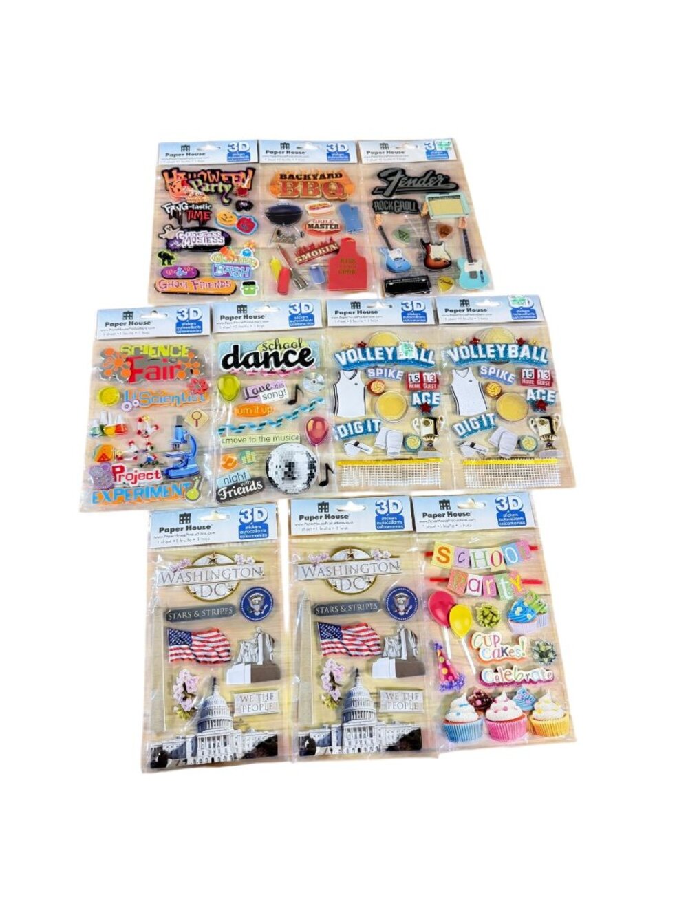 Paper House 3D Stickers Lot Halloween BBQ Science Fair USA Dance School Fender